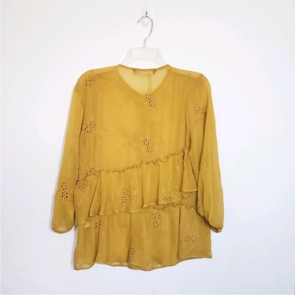 Zara Boho Semi Sheer Botton DownMustard Blouse NWT - Picture 4 of 4